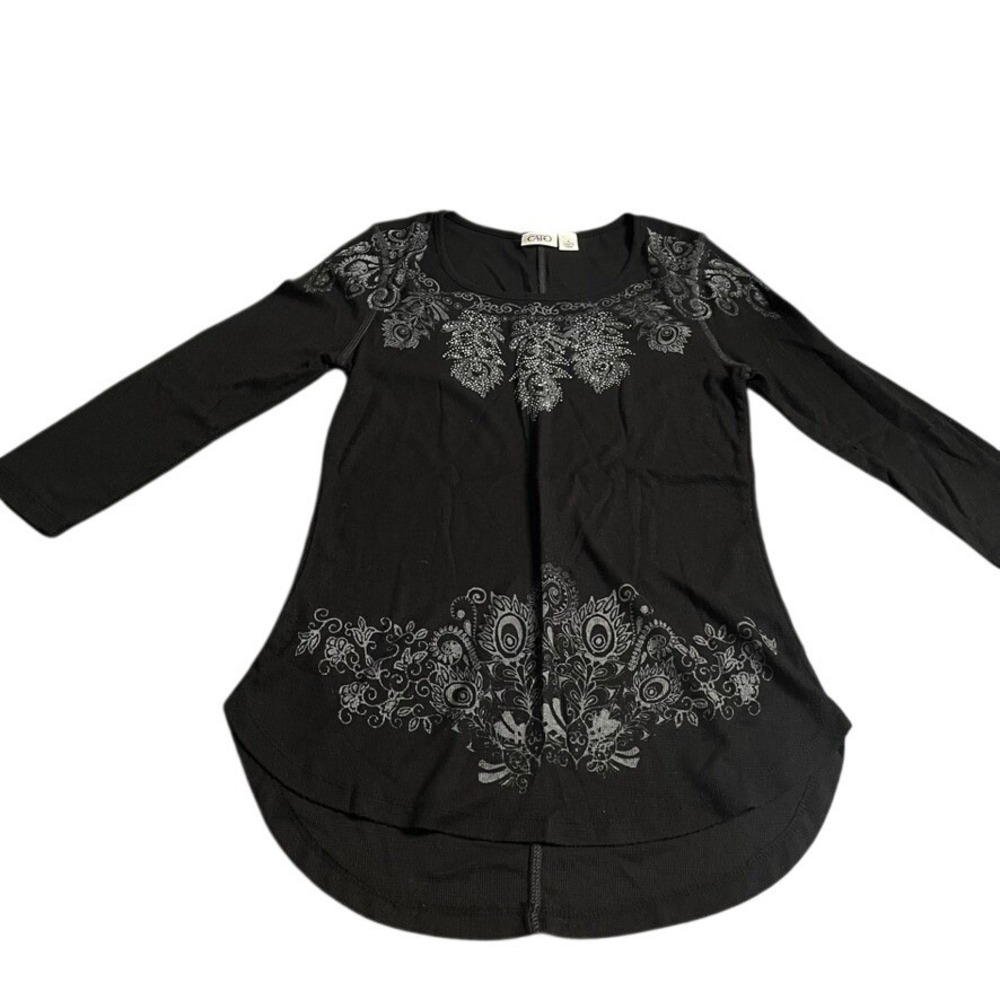 Cato Black Long Sleeve Shirt Paisley Print‎ Rhinestone Accents Small